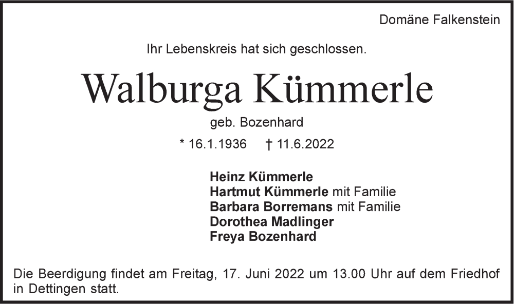  Traueranzeige für Walburga Kümmerle vom 14.06.2022 aus SÜDWEST PRESSE Ausgabe Ulm/Neu-Ulm