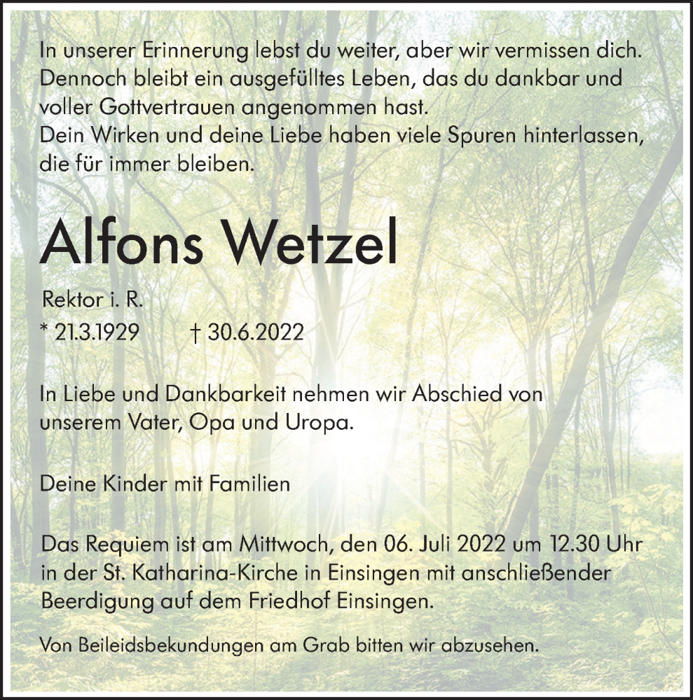  Traueranzeige für Alfons Wetzel vom 02.07.2022 aus SÜDWEST PRESSE Ausgabe Ulm/Neu-Ulm