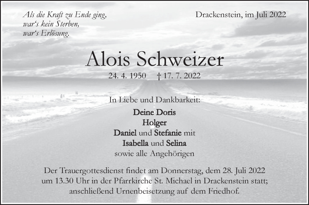  Traueranzeige für Alois Schweizer vom 23.07.2022 aus Geislinger Zeitung