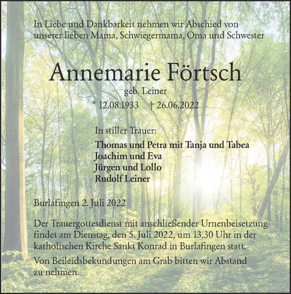  Traueranzeige für Annemarie Förtsch vom 02.07.2022 aus SÜDWEST PRESSE Ausgabe Ulm/Neu-Ulm
