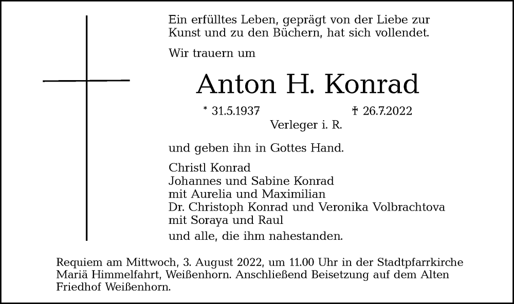  Traueranzeige für Anton  Konrad vom 30.07.2022 aus SÜDWEST PRESSE Ausgabe Ulm/Neu-Ulm