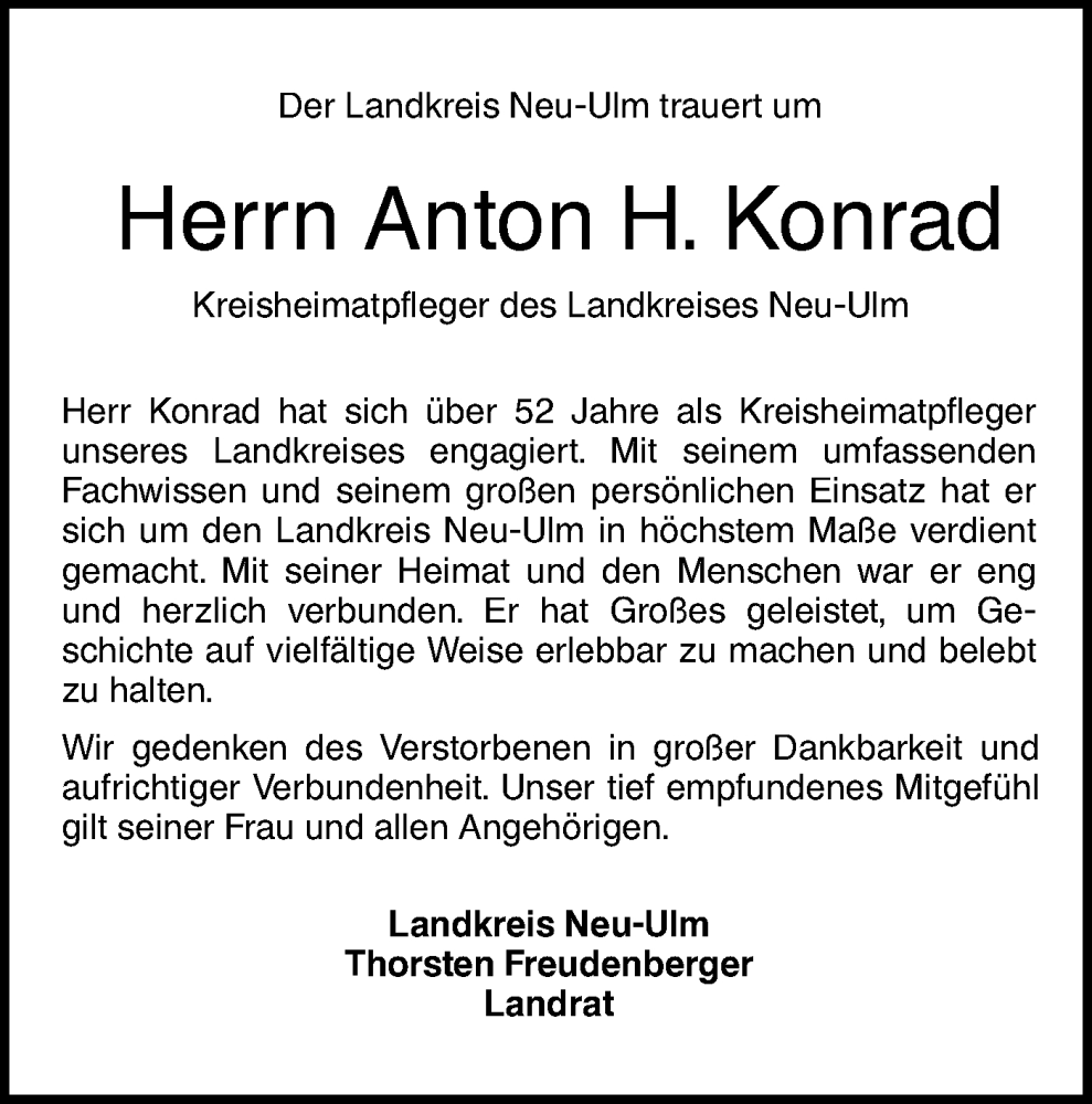  Traueranzeige für Anton  Konrad vom 01.08.2022 aus SÜDWEST PRESSE Ausgabe Ulm/Neu-Ulm