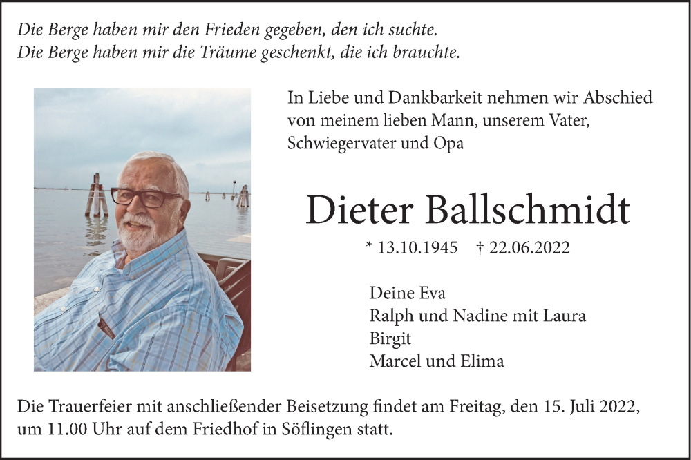  Traueranzeige für Dieter Ballschmidt vom 02.07.2022 aus SÜDWEST PRESSE Ausgabe Ulm/Neu-Ulm