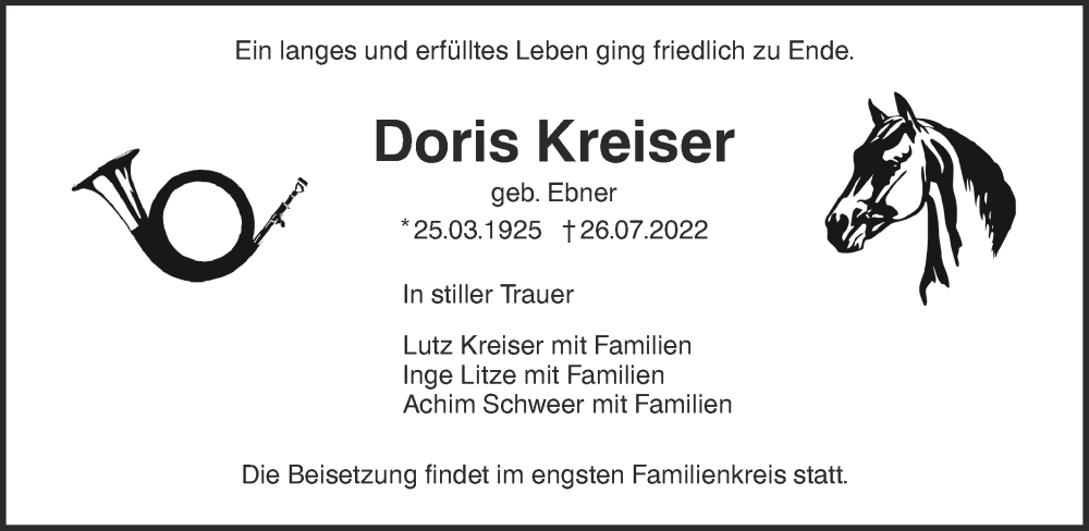  Traueranzeige für Doris Kreiser vom 30.07.2022 aus SÜDWEST PRESSE Ausgabe Ulm/Neu-Ulm