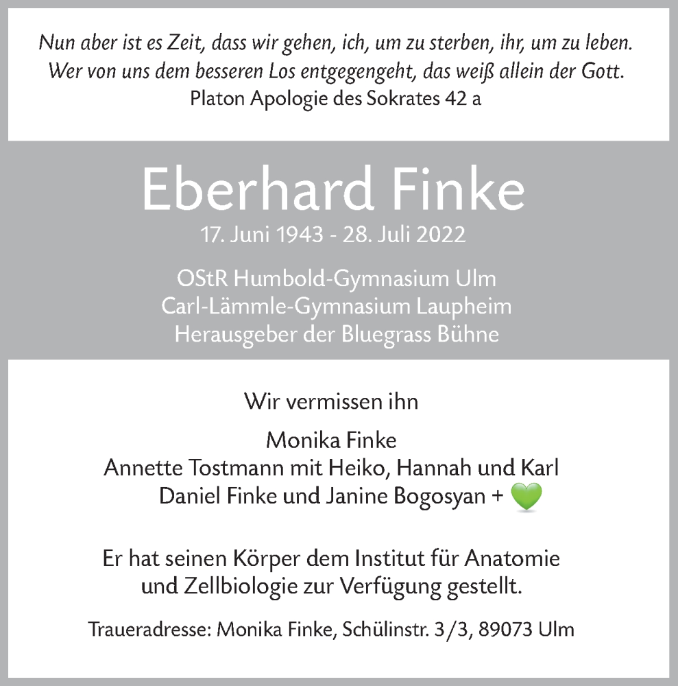  Traueranzeige für Eberhard Finke vom 30.07.2022 aus SÜDWEST PRESSE Ausgabe Ulm/Neu-Ulm