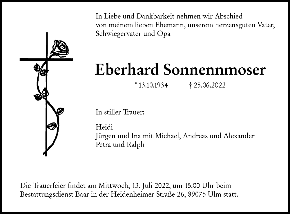  Traueranzeige für Eberhard Sonnennmoser vom 02.07.2022 aus SÜDWEST PRESSE Ausgabe Ulm/Neu-Ulm