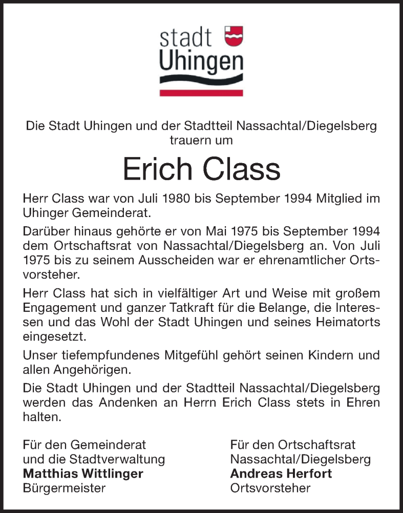  Traueranzeige für Erich Class vom 06.07.2022 aus NWZ Neue Württembergische Zeitung