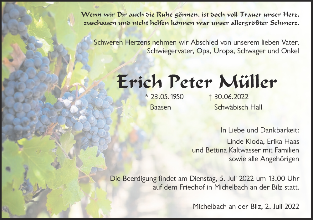  Traueranzeige für Erich Peter Müller vom 02.07.2022 aus Haller Tagblatt