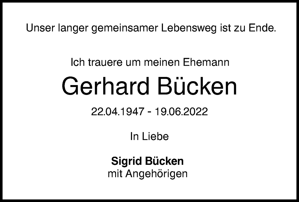  Traueranzeige für Gerhard Bücken vom 02.07.2022 aus SÜDWEST PRESSE Ausgabe Ulm/Neu-Ulm