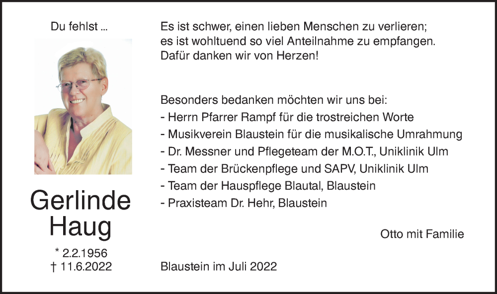  Traueranzeige für Gerlinde Haug vom 09.07.2022 aus SÜDWEST PRESSE Ausgabe Ulm/Neu-Ulm