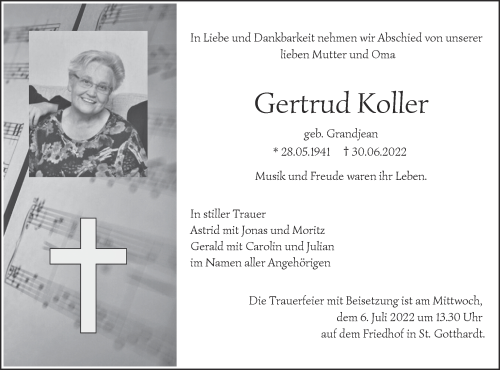  Traueranzeige für Gertrud Koller vom 02.07.2022 aus NWZ Neue Württembergische Zeitung