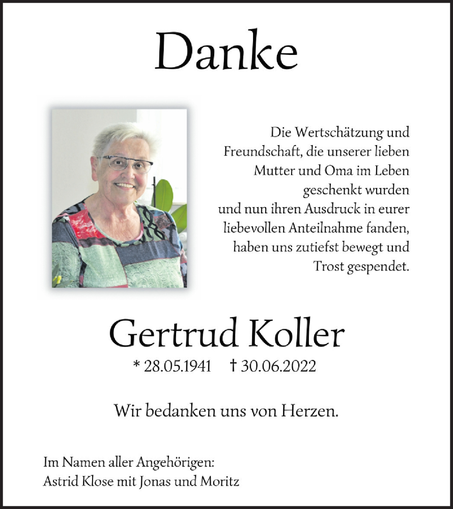  Traueranzeige für Gertrud Koller vom 12.07.2022 aus NWZ Neue Württembergische Zeitung