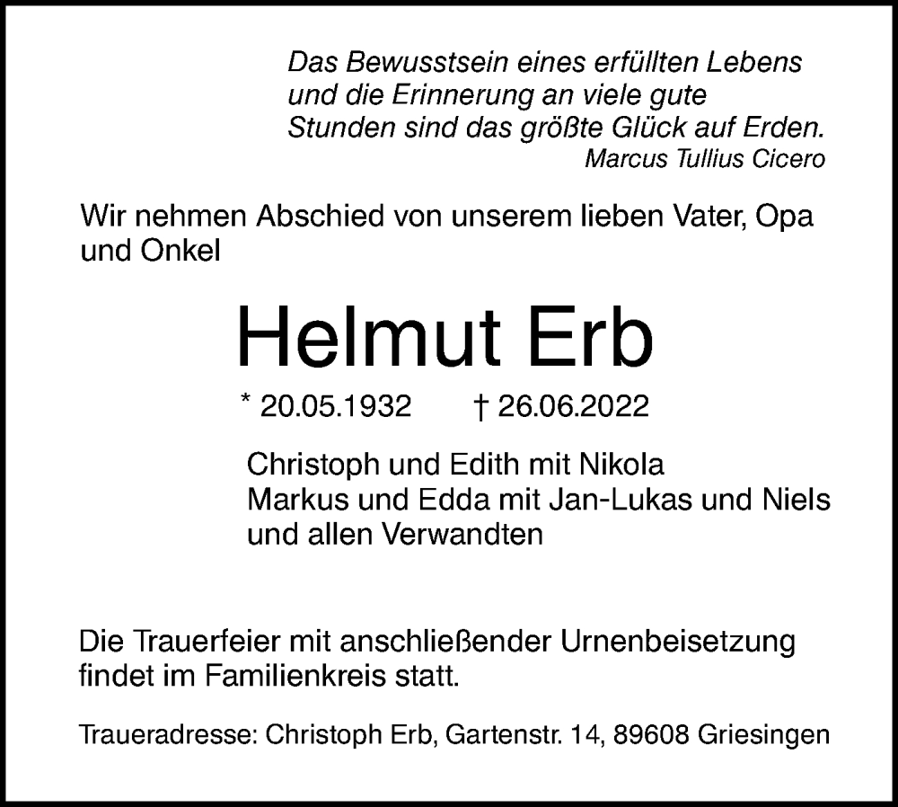  Traueranzeige für Helmut Erb vom 02.07.2022 aus SÜDWEST PRESSE Ausgabe Ulm/Neu-Ulm