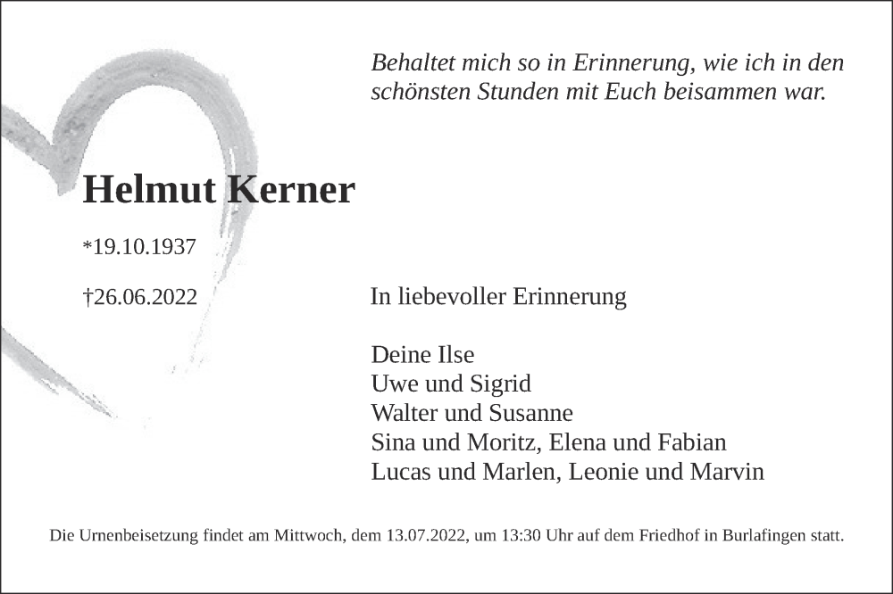  Traueranzeige für Helmut Kerner vom 02.07.2022 aus SÜDWEST PRESSE Ausgabe Ulm/Neu-Ulm