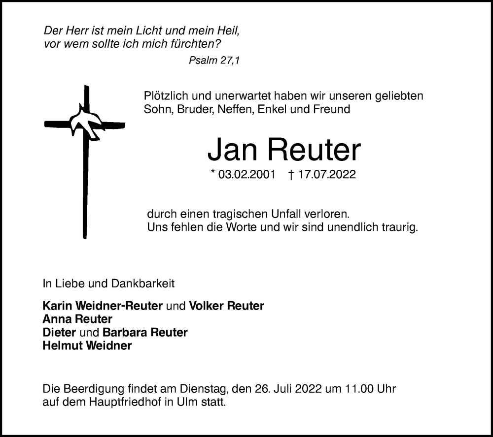  Traueranzeige für Jan Reuter vom 20.07.2022 aus SÜDWEST PRESSE Ausgabe Ulm/Neu-Ulm