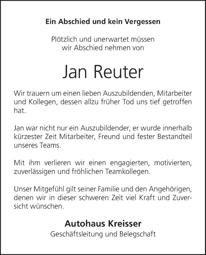  Traueranzeige für Jan Reuter vom 23.07.2022 aus SÜDWEST PRESSE Ausgabe Ulm/Neu-Ulm