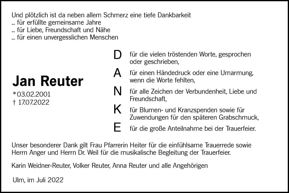  Traueranzeige für Jan Reuter vom 30.07.2022 aus SÜDWEST PRESSE Ausgabe Ulm/Neu-Ulm