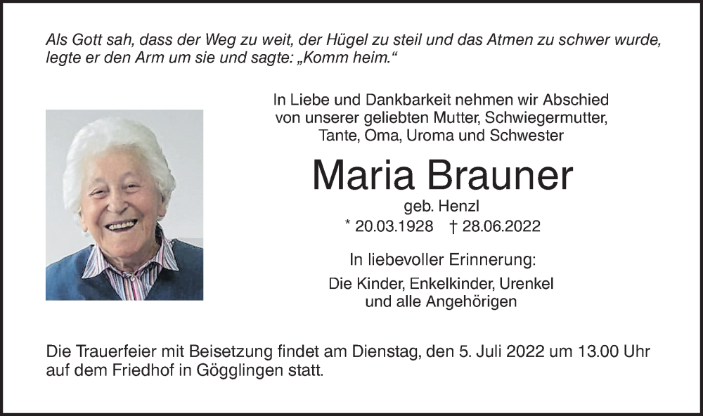  Traueranzeige für Maria Brauner vom 02.07.2022 aus SÜDWEST PRESSE Ausgabe Ulm/Neu-Ulm