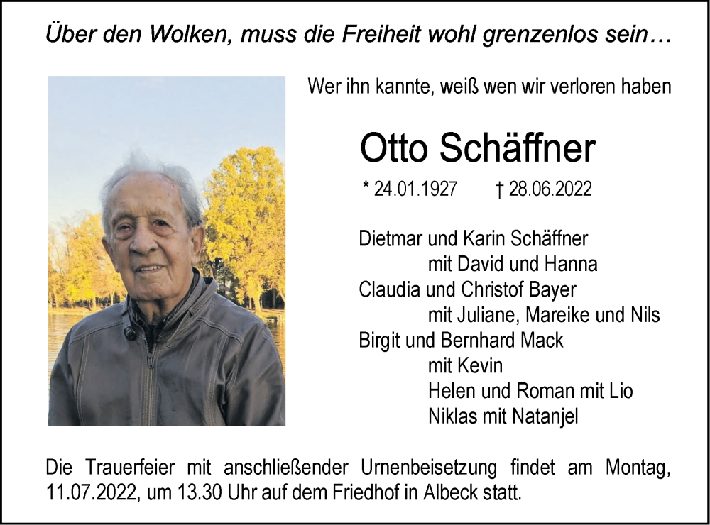  Traueranzeige für Otto Schäffner vom 02.07.2022 aus SÜDWEST PRESSE Ausgabe Ulm/Neu-Ulm