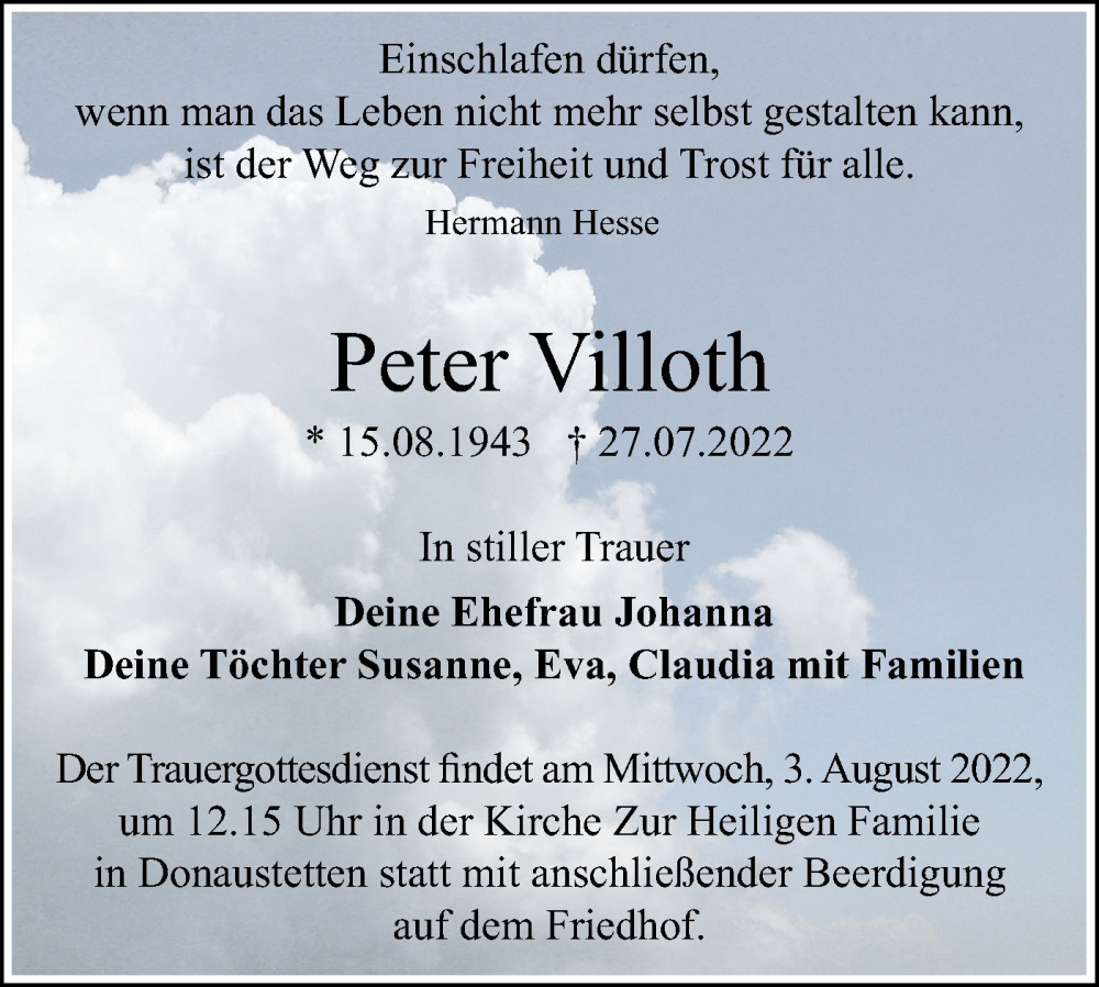  Traueranzeige für Peter Villoth vom 30.07.2022 aus SÜDWEST PRESSE Ausgabe Ulm/Neu-Ulm