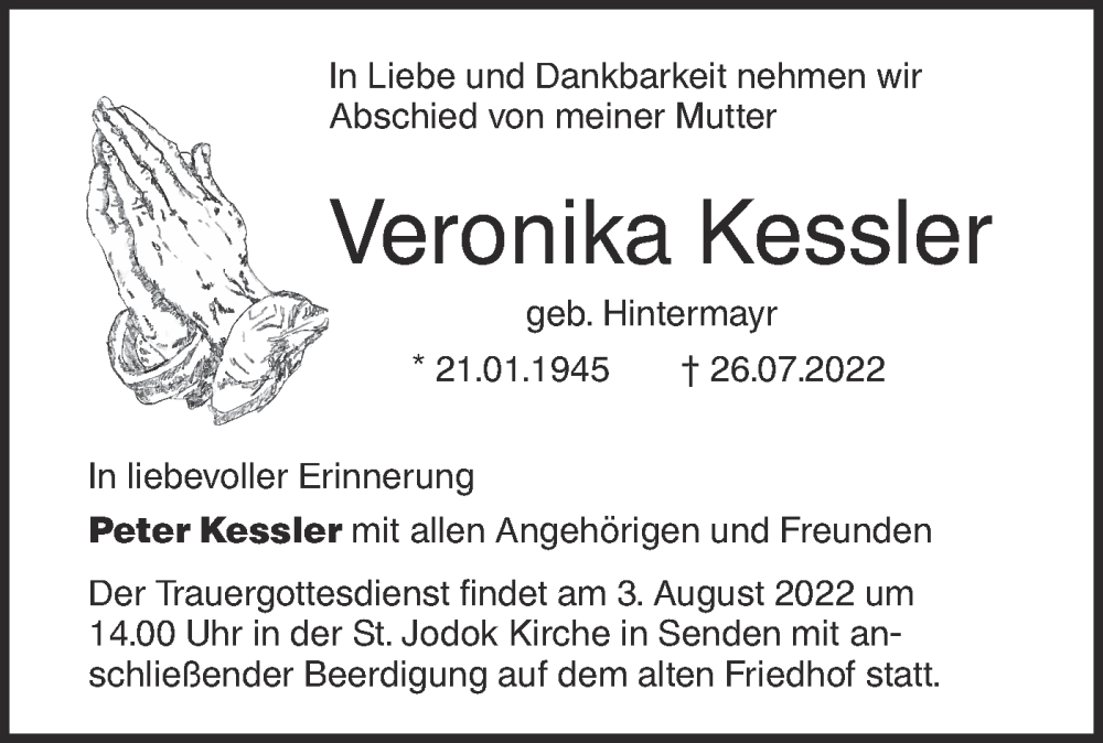  Traueranzeige für Veronika Kessler vom 30.07.2022 aus SÜDWEST PRESSE Ausgabe Ulm/Neu-Ulm