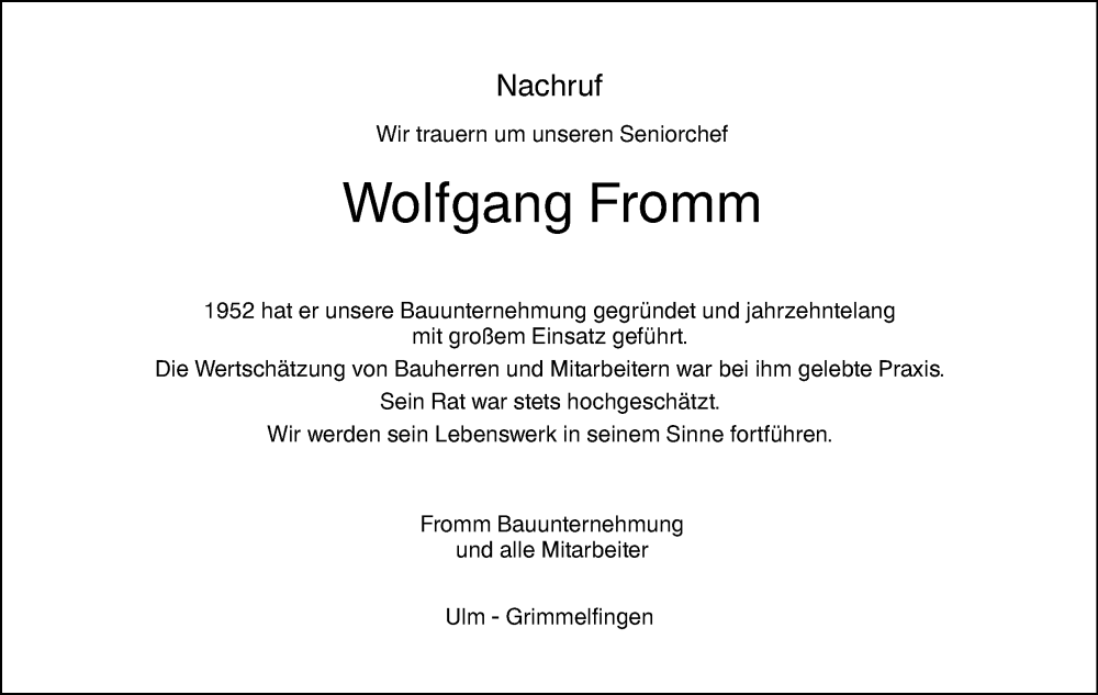  Traueranzeige für Wolfgang Fromm vom 02.07.2022 aus SÜDWEST PRESSE Ausgabe Ulm/Neu-Ulm