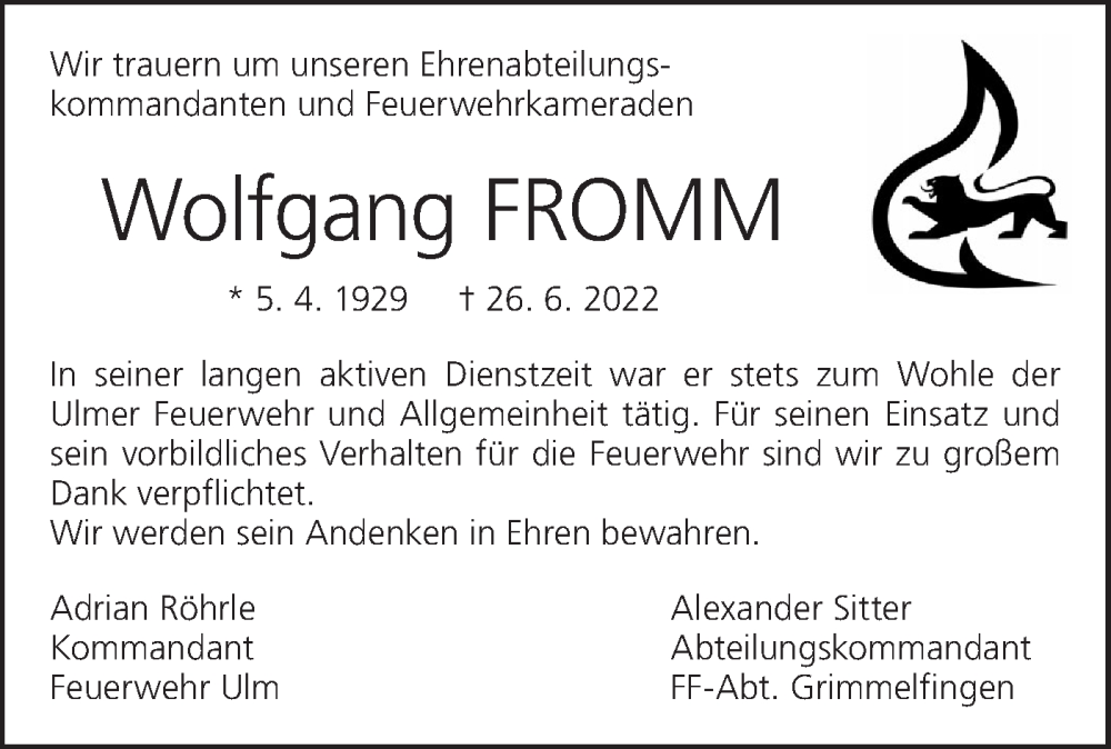  Traueranzeige für Wolfgang Fromm vom 04.07.2022 aus SÜDWEST PRESSE Ausgabe Ulm/Neu-Ulm