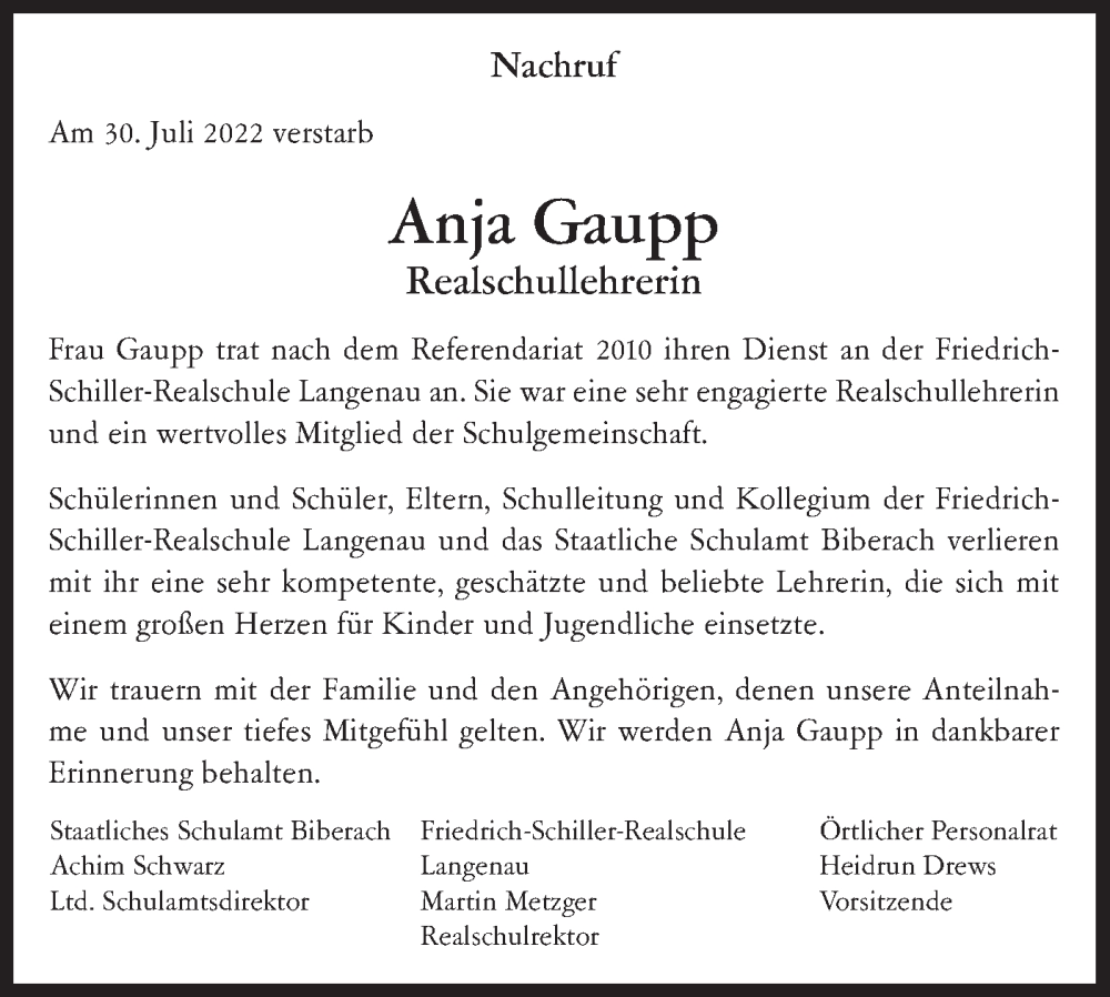  Traueranzeige für Anja Gaupp vom 10.08.2022 aus SÜDWEST PRESSE Ausgabe Ulm/Neu-Ulm