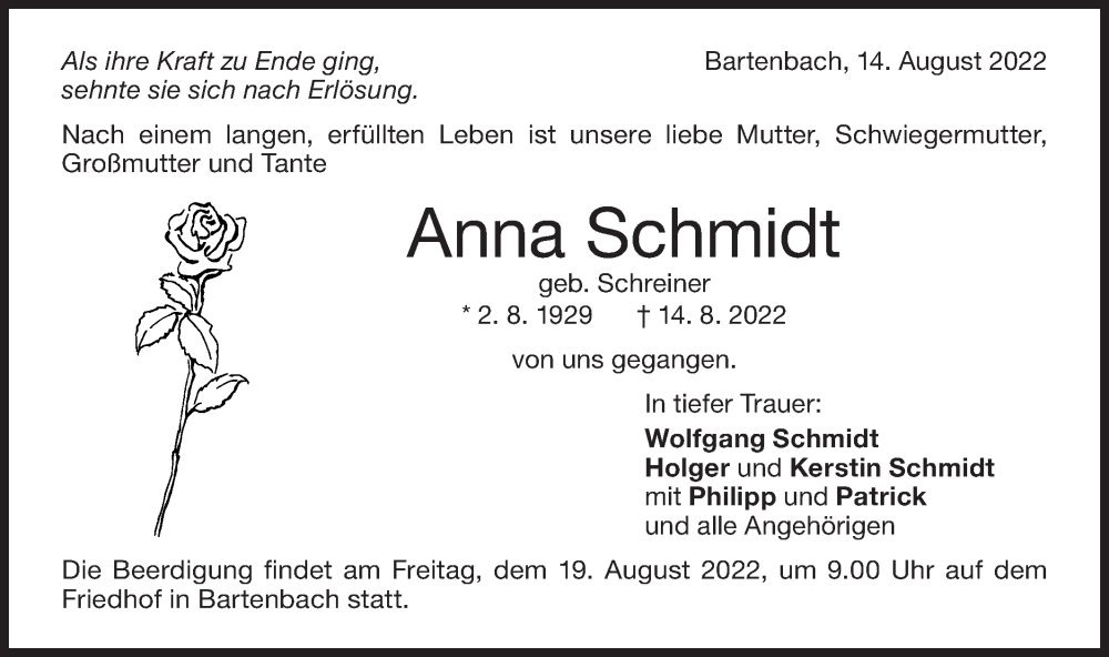  Traueranzeige für Anna Schmidt vom 16.08.2022 aus NWZ Neue Württembergische Zeitung