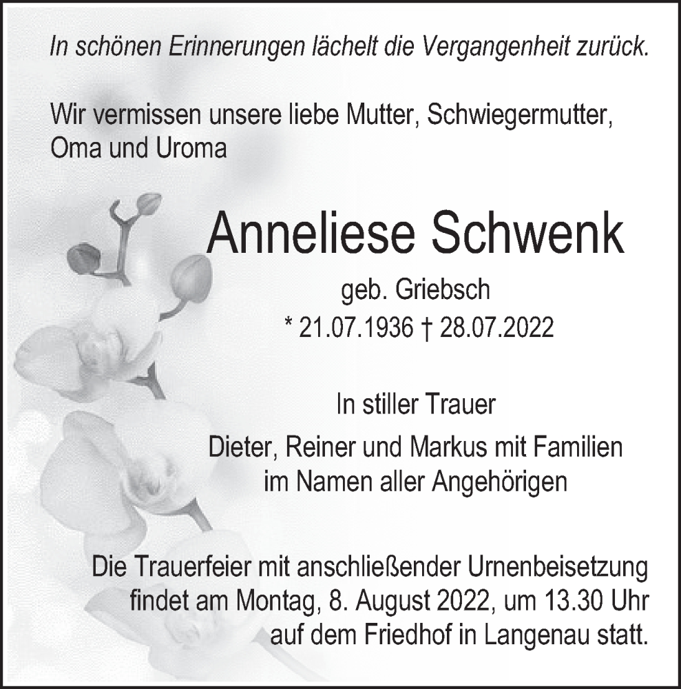  Traueranzeige für Anneliese Schwenk vom 05.08.2022 aus SÜDWEST PRESSE Ausgabe Ulm/Neu-Ulm