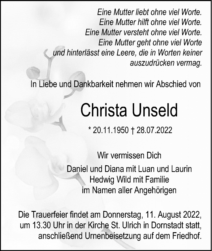  Traueranzeige für Christa Unseld vom 06.08.2022 aus SÜDWEST PRESSE Ausgabe Ulm/Neu-Ulm