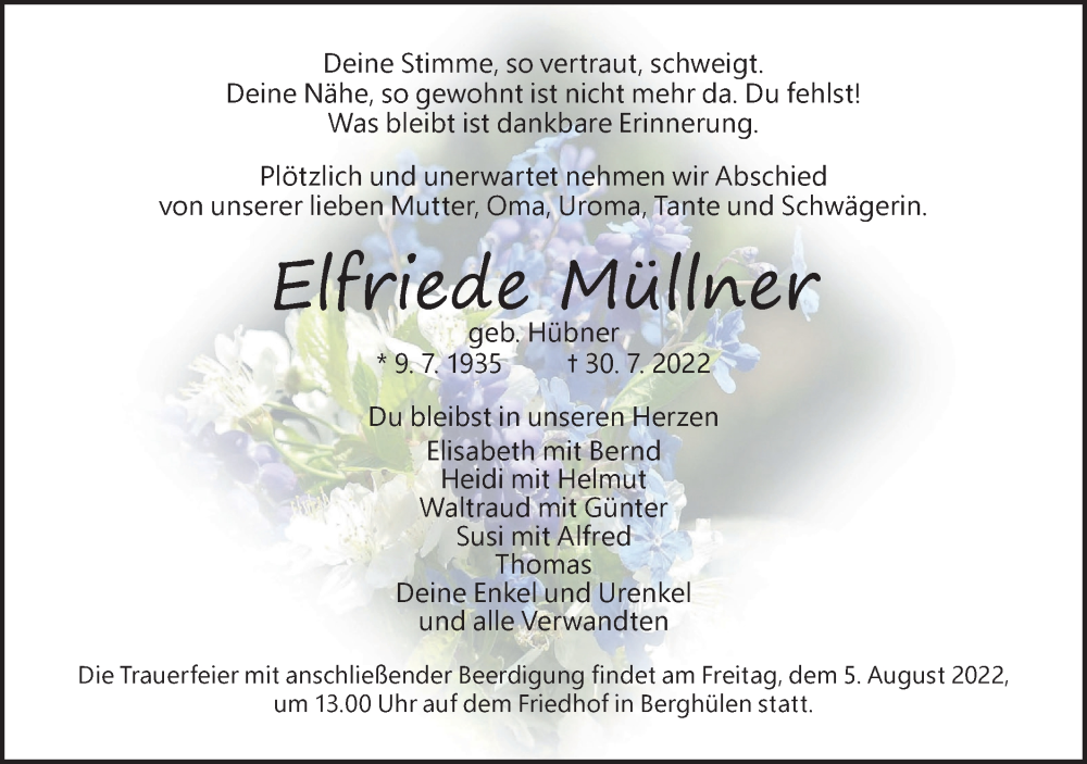 Traueranzeige für Elfriede Müllner vom 03.08.2022 aus SÜDWEST PRESSE Ausgabe Ulm/Neu-Ulm
