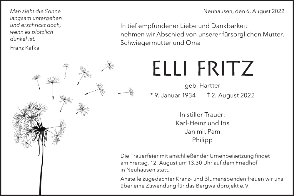  Traueranzeige für Elli Fritz vom 06.08.2022 aus Metzinger-Uracher Volksblatt