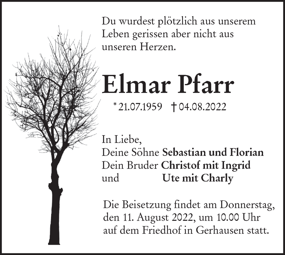  Traueranzeige für Elmar Pfarr vom 09.08.2022 aus SÜDWEST PRESSE Ausgabe Ulm/Neu-Ulm