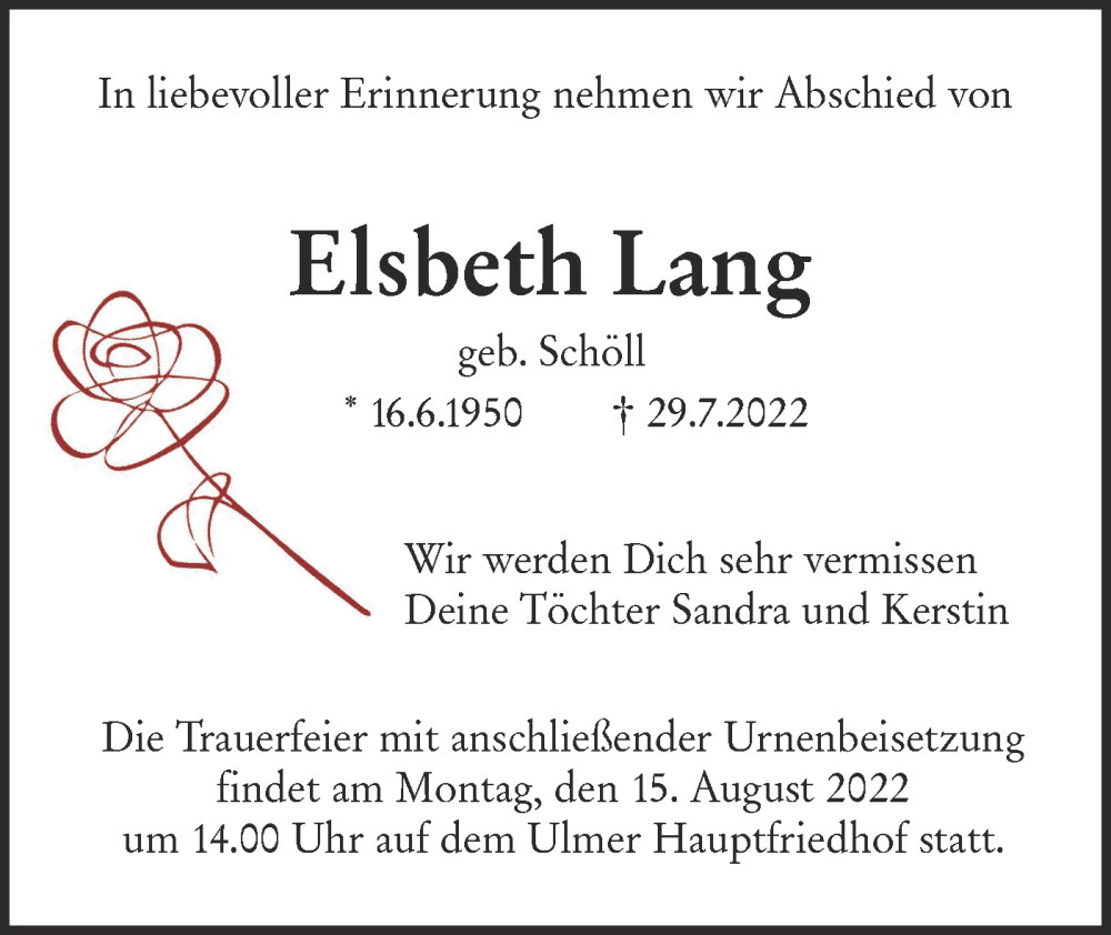  Traueranzeige für Elsbeth Lang vom 06.08.2022 aus SÜDWEST PRESSE Ausgabe Ulm/Neu-Ulm