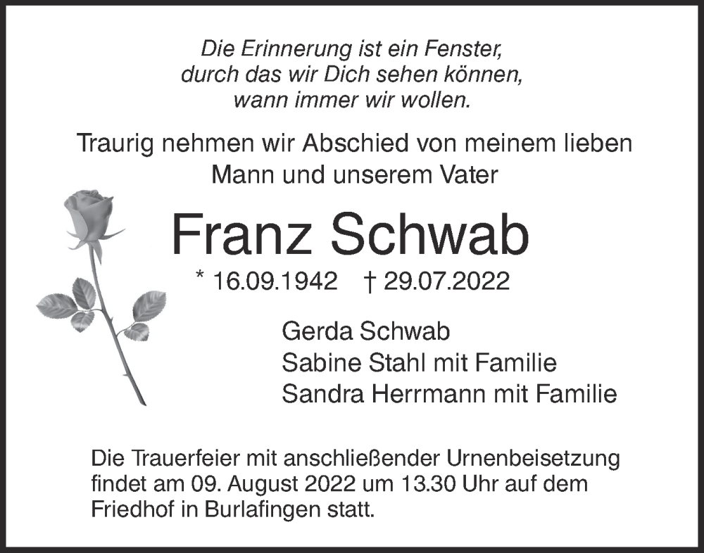 Traueranzeige für Franz Schwab vom 03.08.2022 aus SÜDWEST PRESSE Ausgabe Ulm/Neu-Ulm