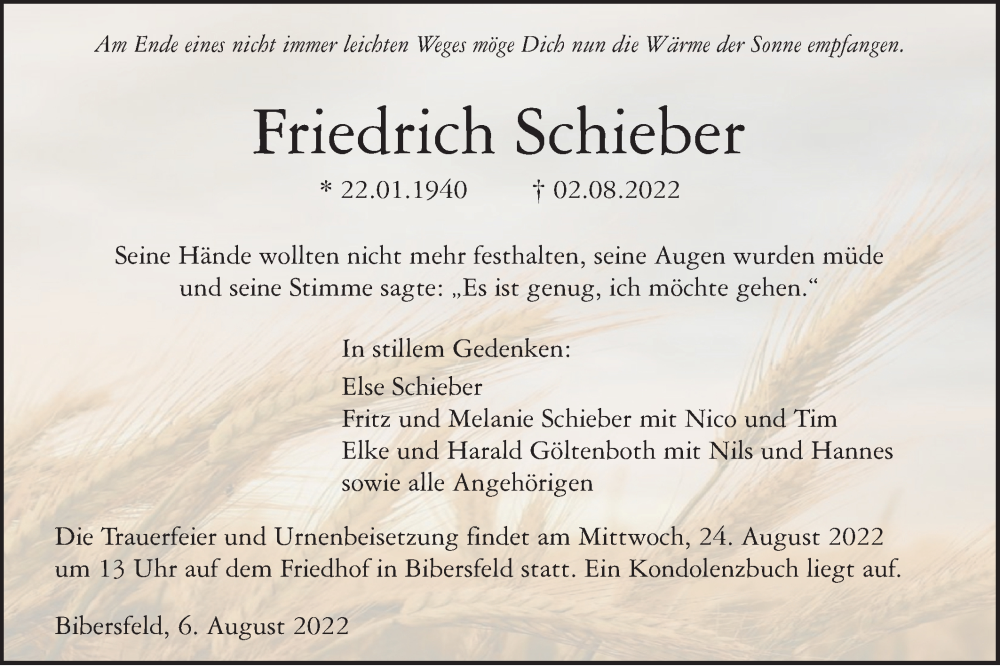  Traueranzeige für Friedrich Schieber vom 06.08.2022 aus Haller Tagblatt
