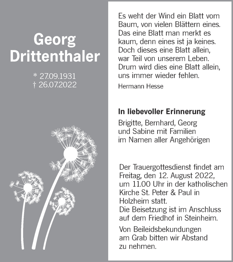  Traueranzeige für Georg Drittenthaler vom 06.08.2022 aus SÜDWEST PRESSE Ausgabe Ulm/Neu-Ulm