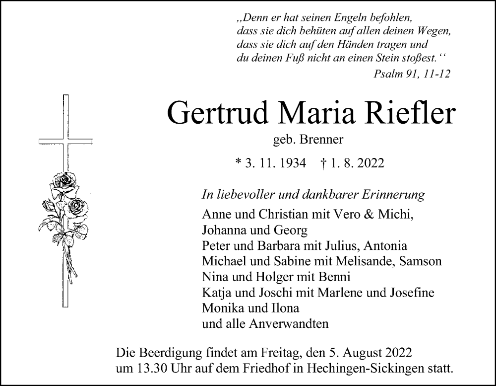  Traueranzeige für Gertrud Maria Riefler vom 03.08.2022 aus Metzinger-Uracher Volksblatt