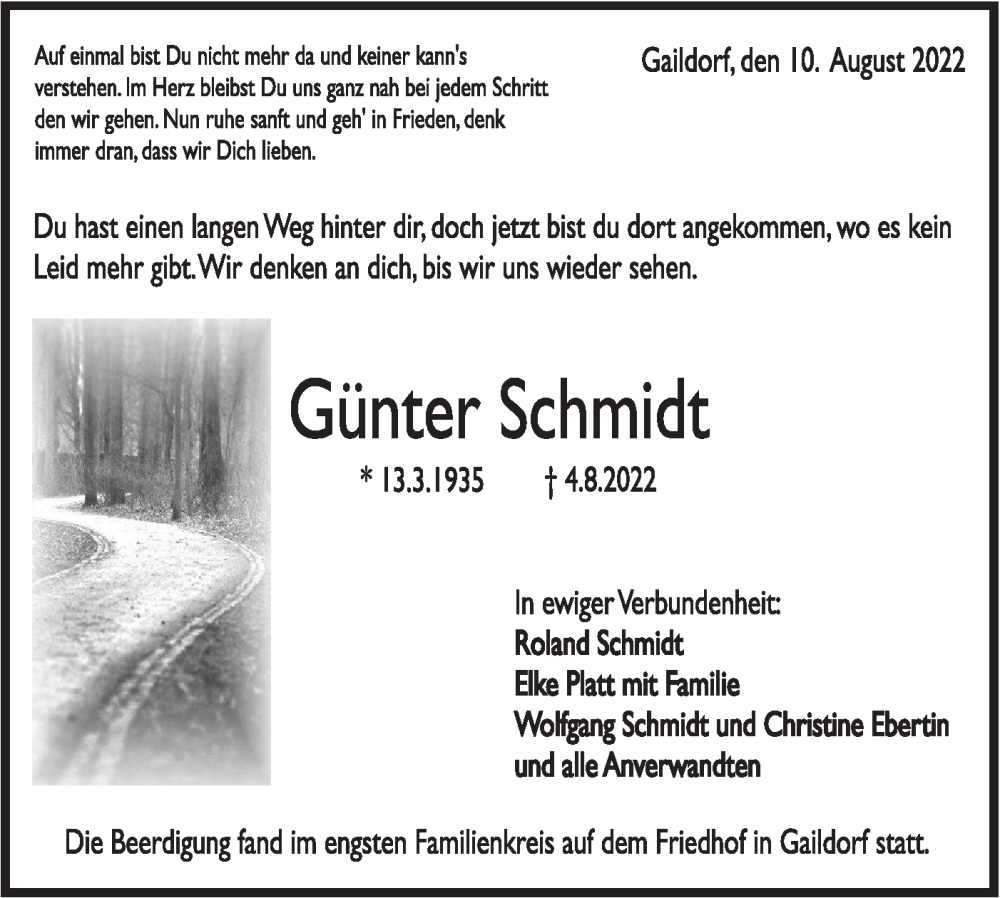  Traueranzeige für Günter Schmidt vom 11.08.2022 aus Rundschau Gaildorf