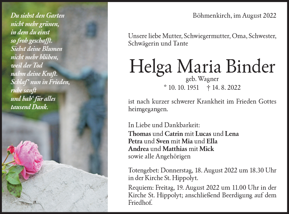 Traueranzeige für Helga Maria Binder vom 17.08.2022 aus Geislinger Zeitung