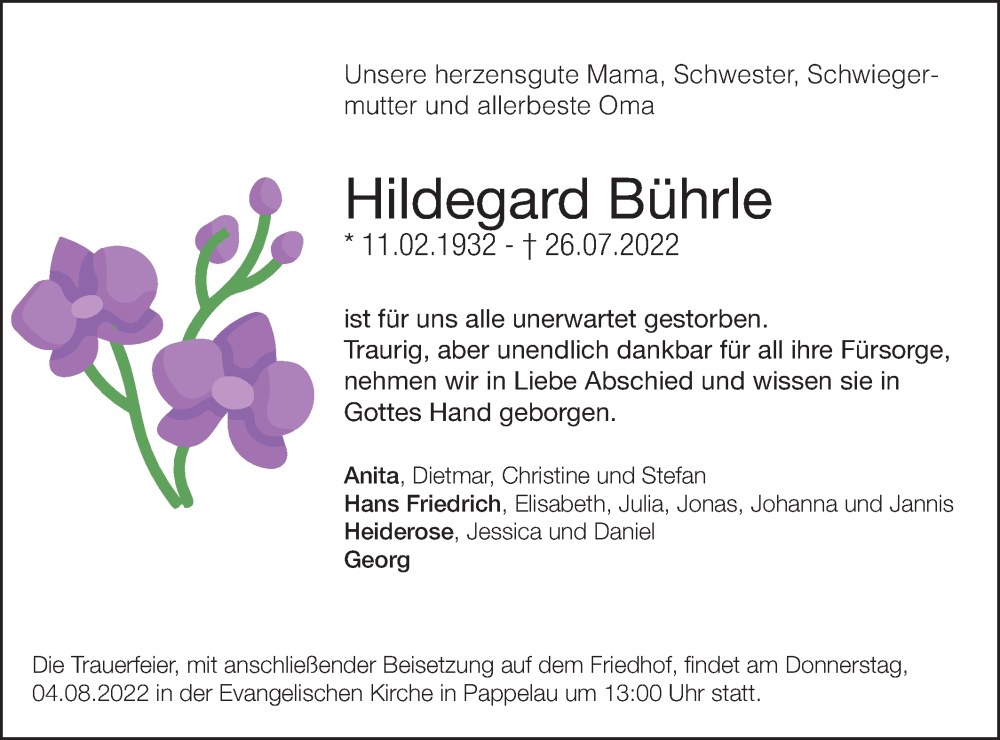  Traueranzeige für Hildgard Bührle vom 02.08.2022 aus SÜDWEST PRESSE Ausgabe Ulm/Neu-Ulm