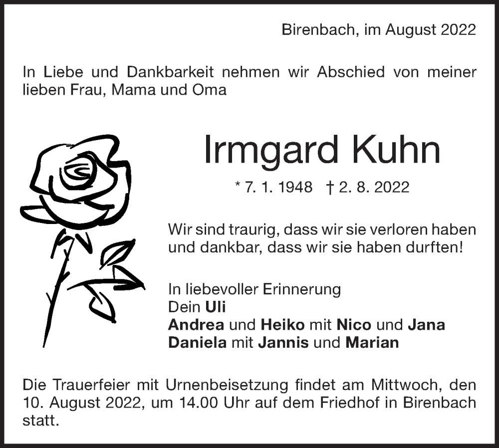  Traueranzeige für Irmgard Kuhn vom 08.08.2022 aus NWZ Neue Württembergische Zeitung