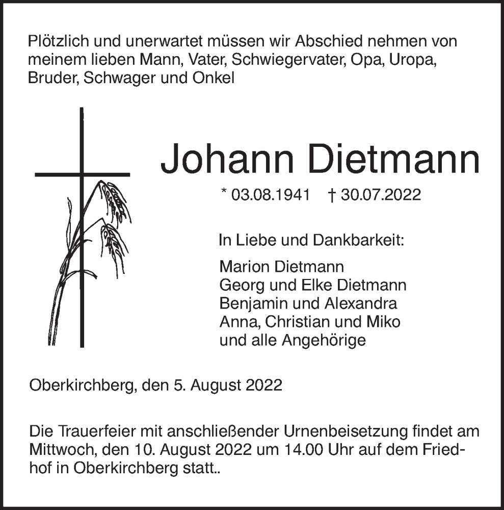  Traueranzeige für Johann Dietmann vom 05.08.2022 aus SÜDWEST PRESSE Ausgabe Ulm/Neu-Ulm