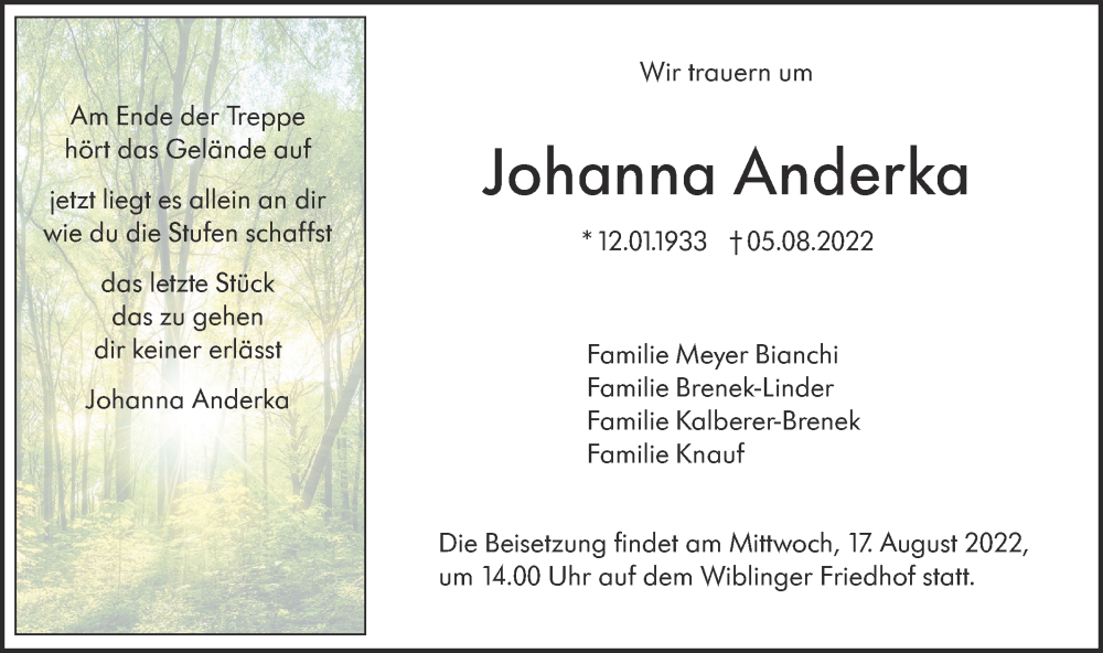  Traueranzeige für Johanna Anderka vom 13.08.2022 aus SÜDWEST PRESSE Ausgabe Ulm/Neu-Ulm