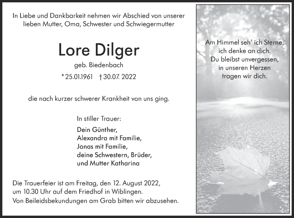  Traueranzeige für Lore Dilger vom 06.08.2022 aus SÜDWEST PRESSE Ausgabe Ulm/Neu-Ulm