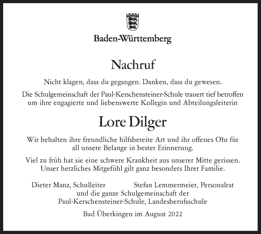  Traueranzeige für Lore Dilger vom 06.08.2022 aus SÜDWEST PRESSE Ausgabe Ulm/Neu-Ulm
