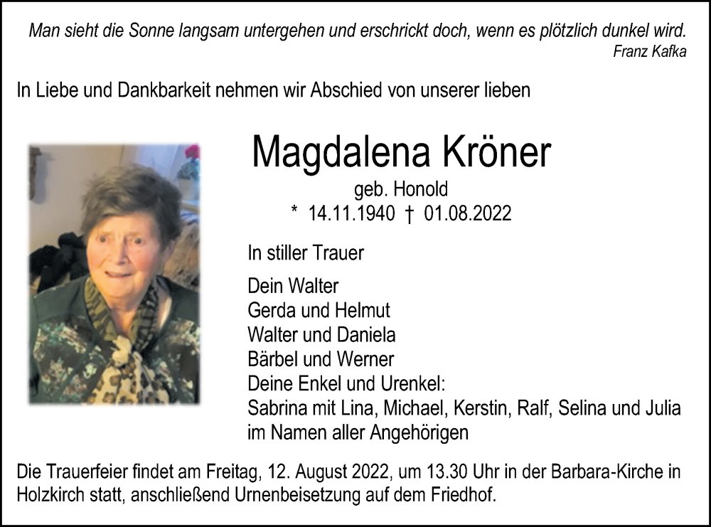  Traueranzeige für Magdalena Kröner vom 06.08.2022 aus SÜDWEST PRESSE Ausgabe Ulm/Neu-Ulm