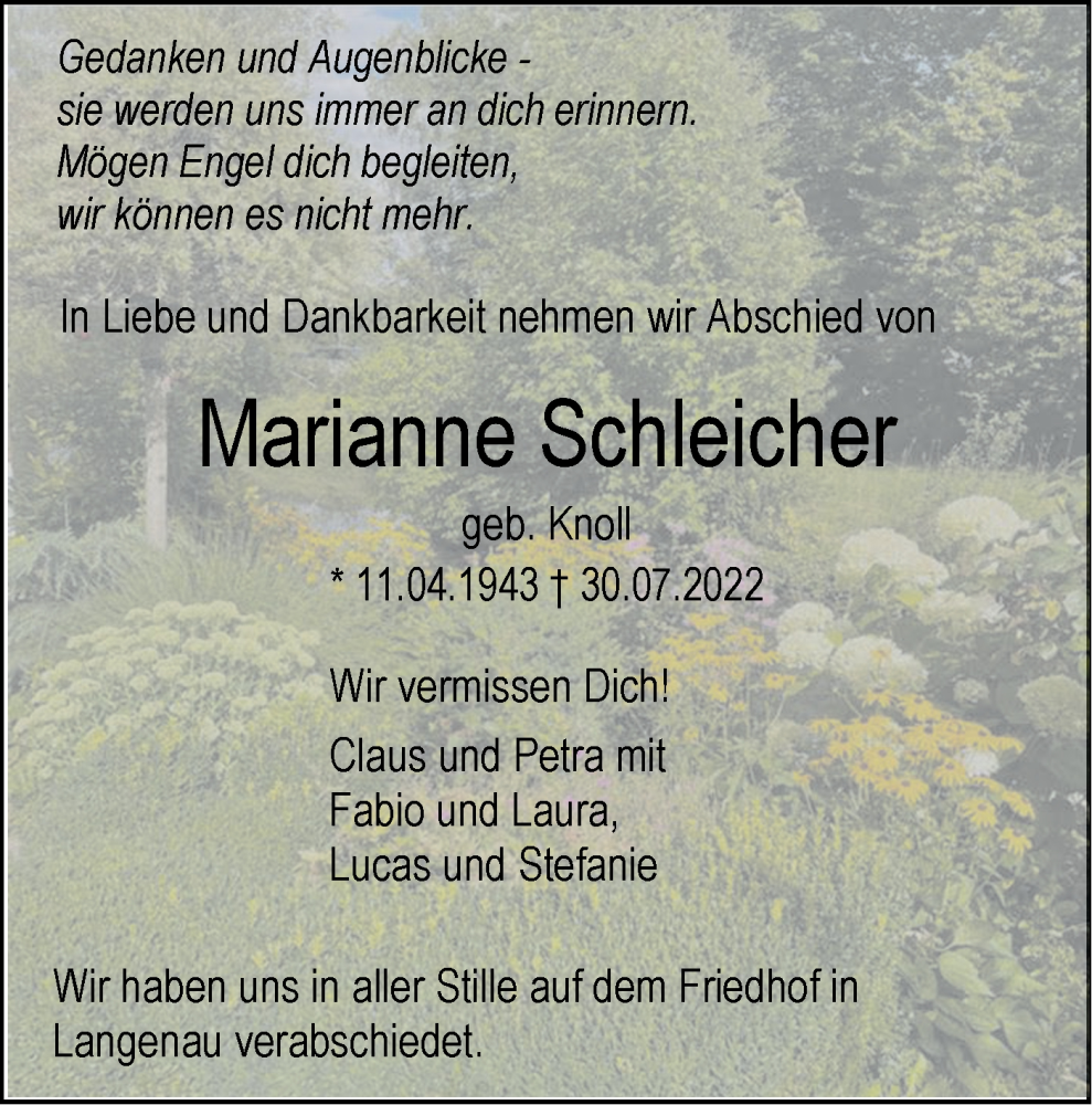  Traueranzeige für Marianne Schleicher vom 06.08.2022 aus SÜDWEST PRESSE Ausgabe Ulm/Neu-Ulm