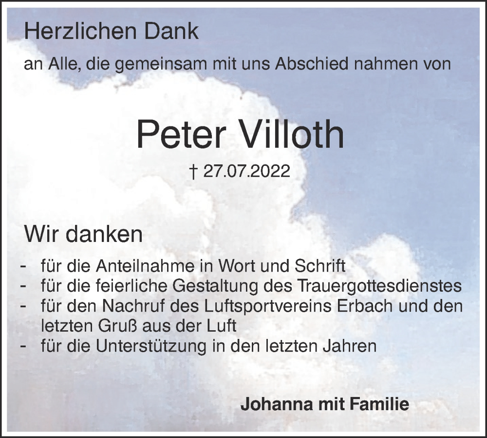  Traueranzeige für Peter Villoth vom 13.08.2022 aus SÜDWEST PRESSE Ausgabe Ulm/Neu-Ulm